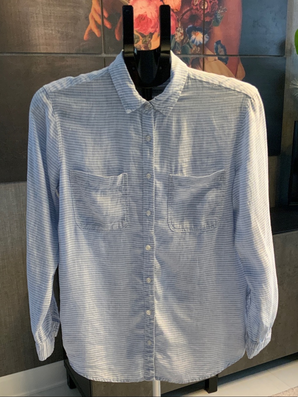 Contemporaine Light Blue Linen Striped Women's Button-Down Shirt M